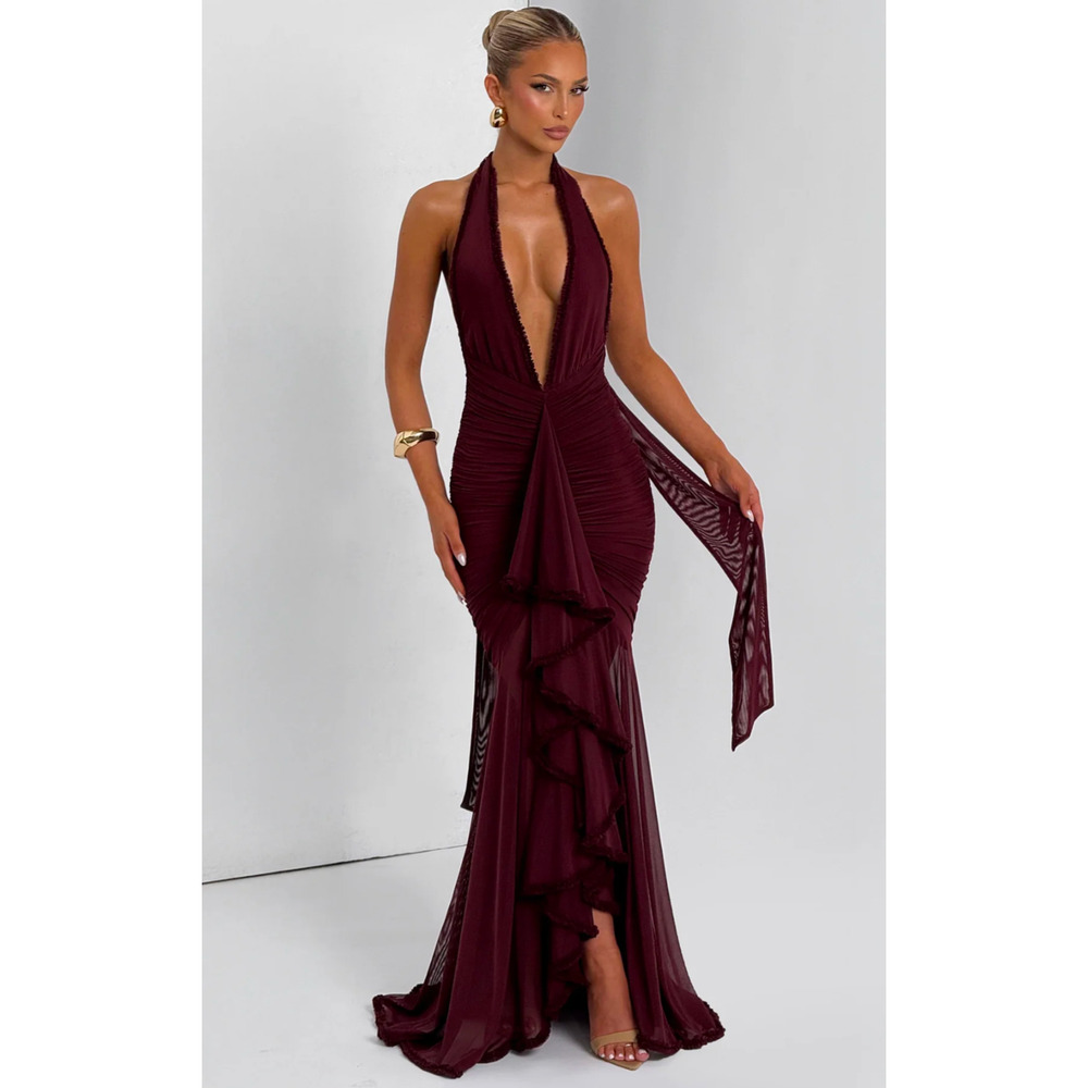 Plunge Halter Burgundy Mini Dress - Picture 2 of 6